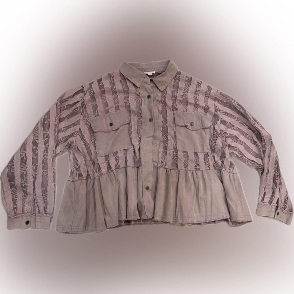 POL Lavender Mauve Button-Up Peplum Blouse